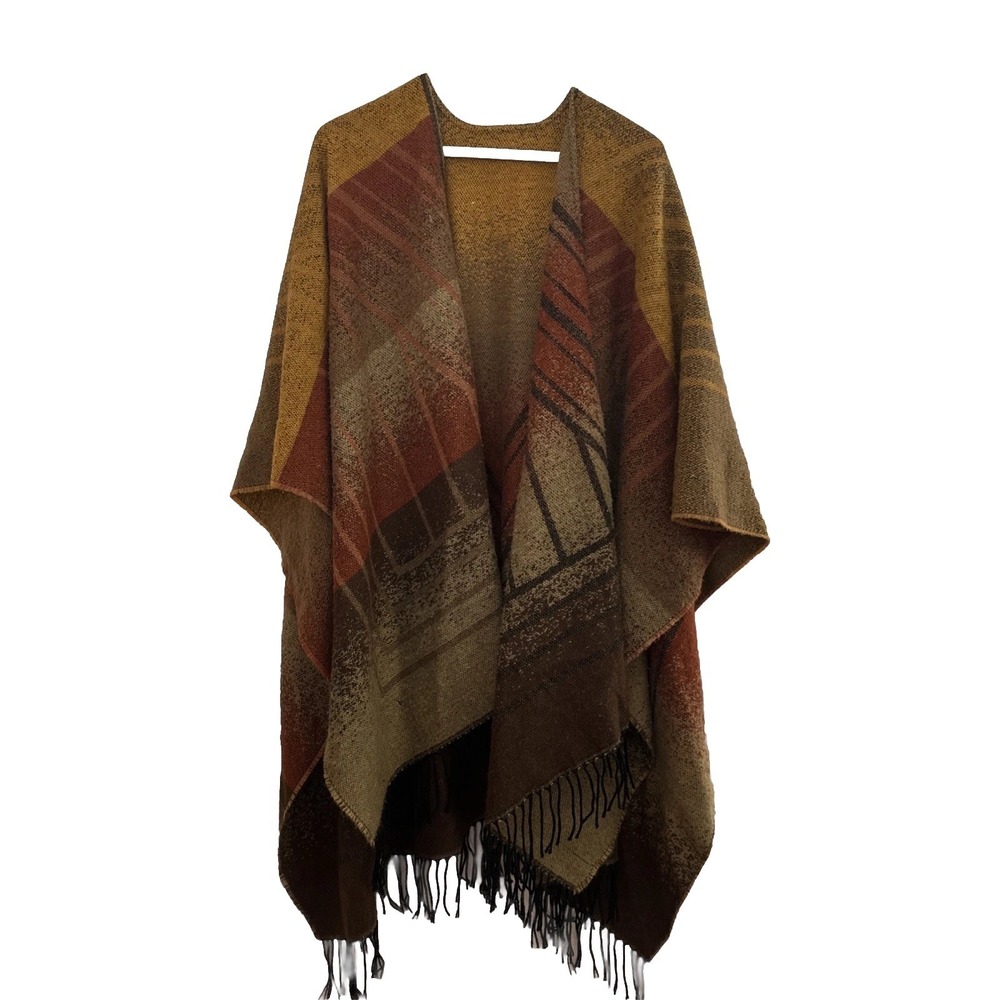Women's Brown Plaid Winter Shawl Poncho One Size Made In France